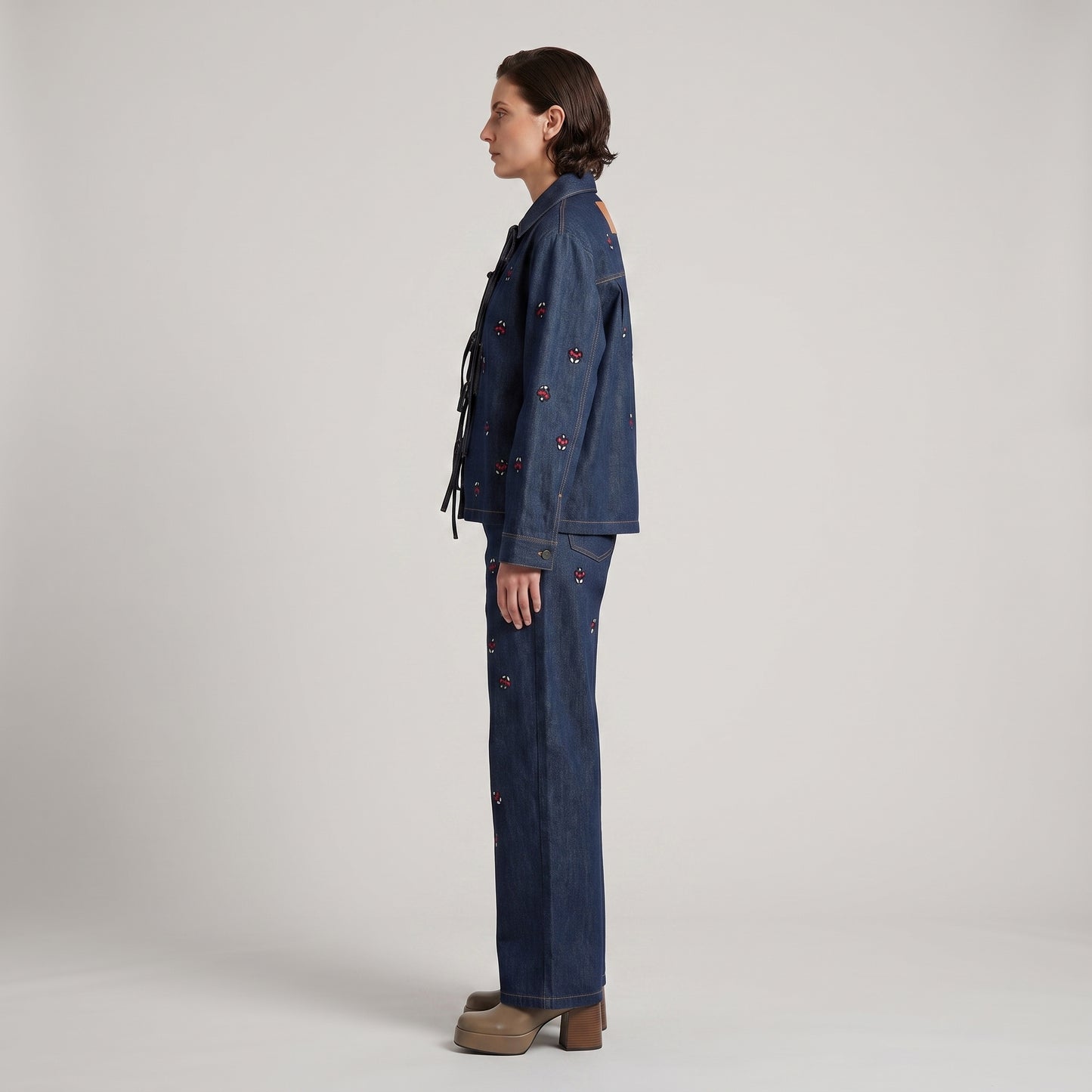 Embroidered Lace-Up Denim Jacket