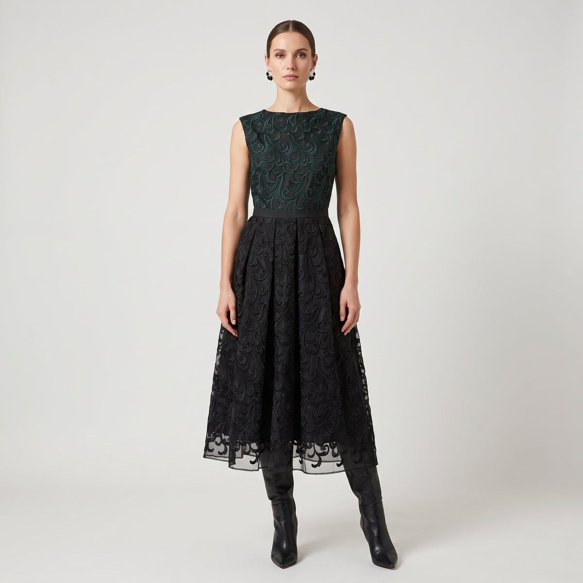 Two Tone Embroidered Flare Dress