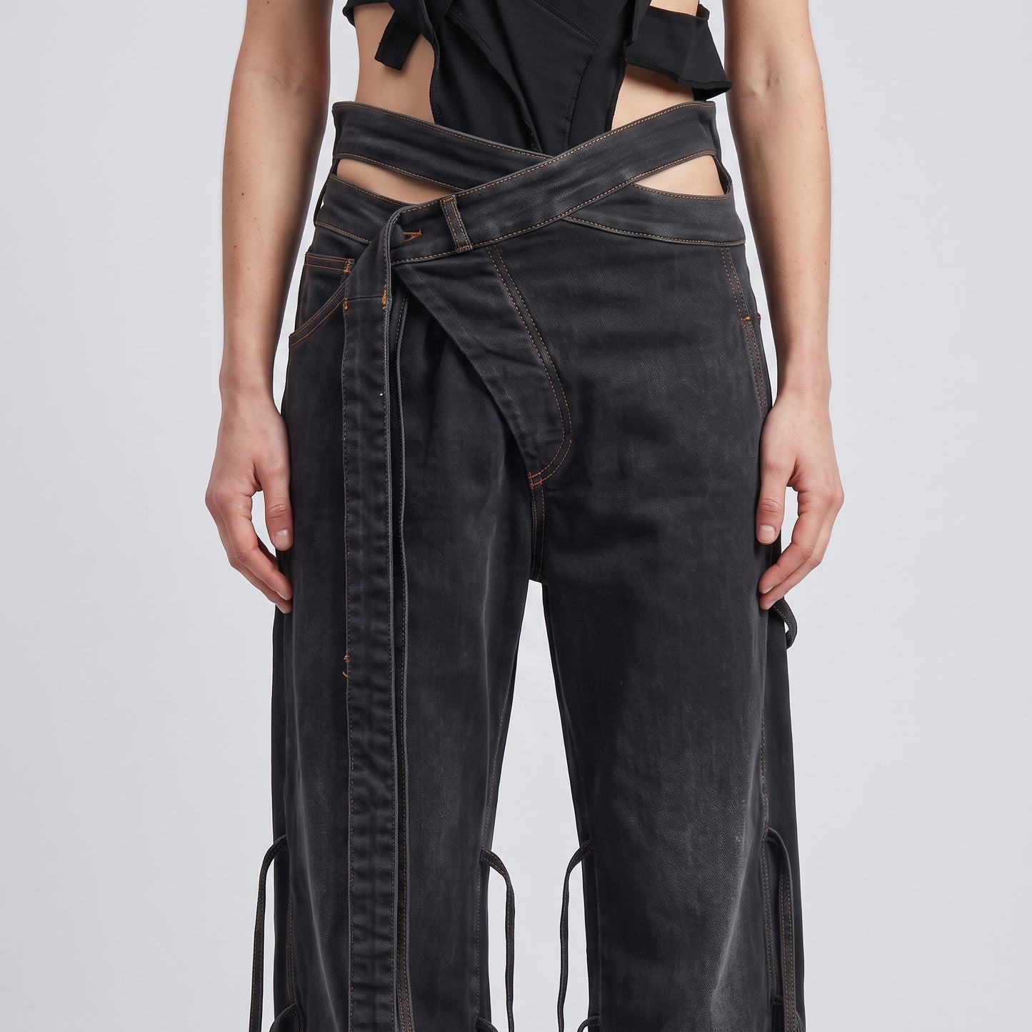Asymmetric Wrap Waist Denim Trousers