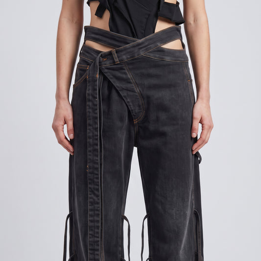 Asymmetric Wrap Waist Denim Trousers