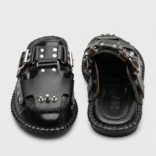 Studded Leather Buckle Mules