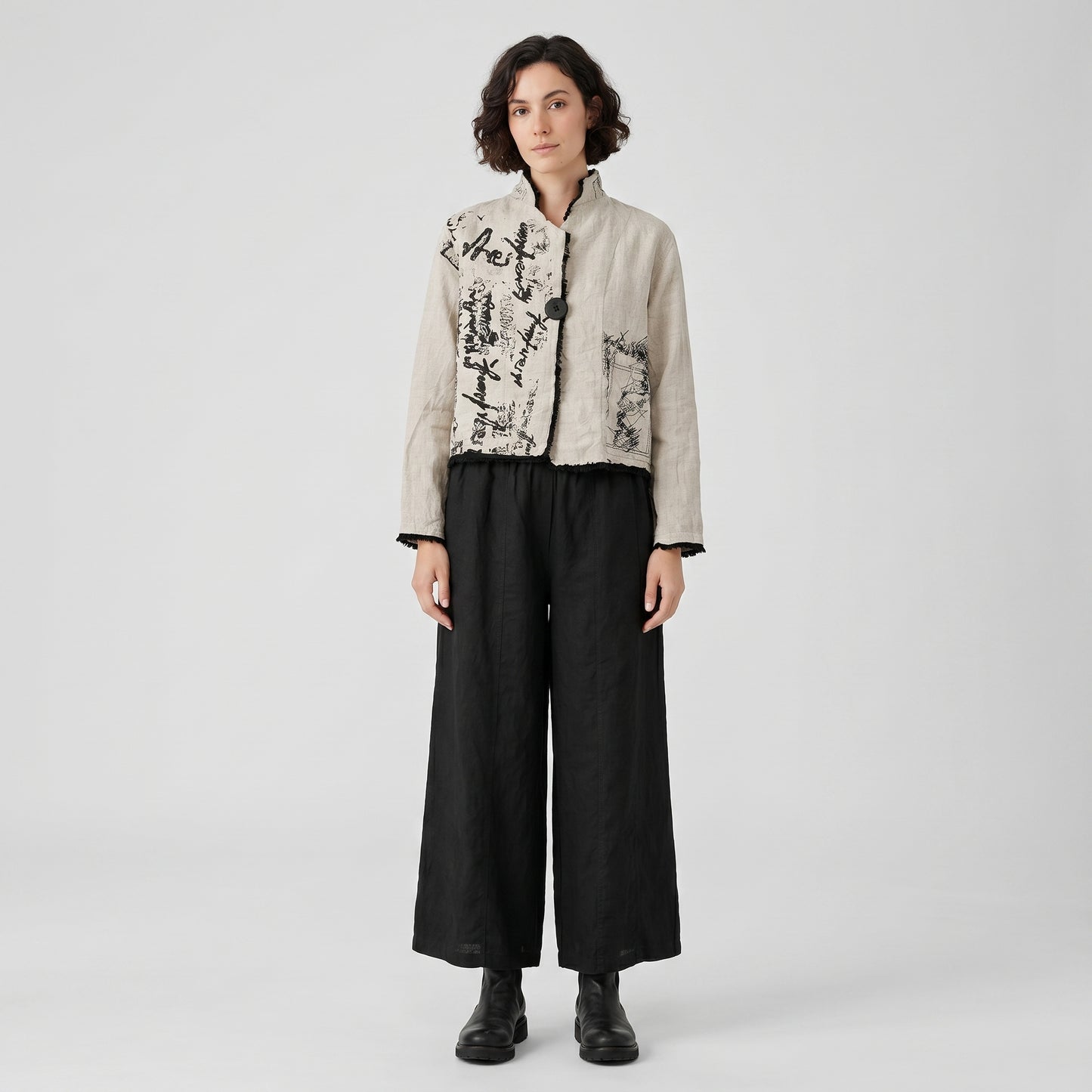 Abstract Print Linen Cropped Jacket