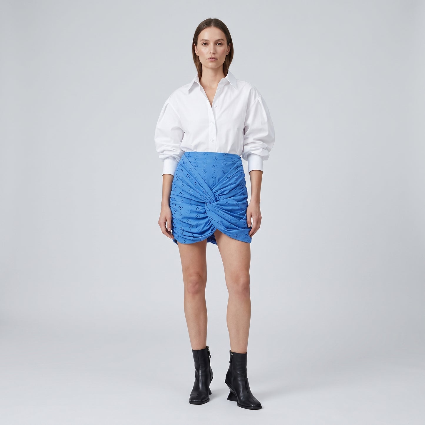 Ruched Eyelet Mini Skirt