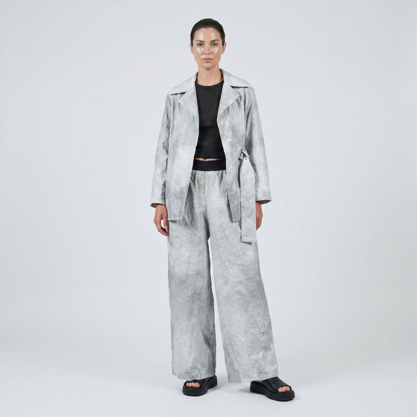Grey Textured Wide-Leg Trousers