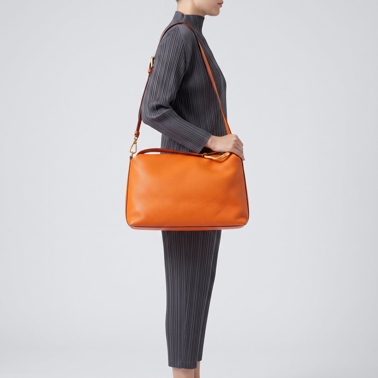 Orange Textured Leather Shoulder Bag