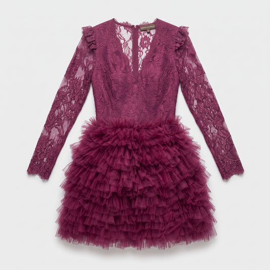Burgundy Lace Ruffle Mini Dress