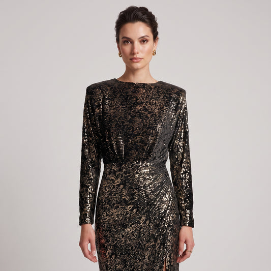 Metallic Printed Long Sleeve Dress