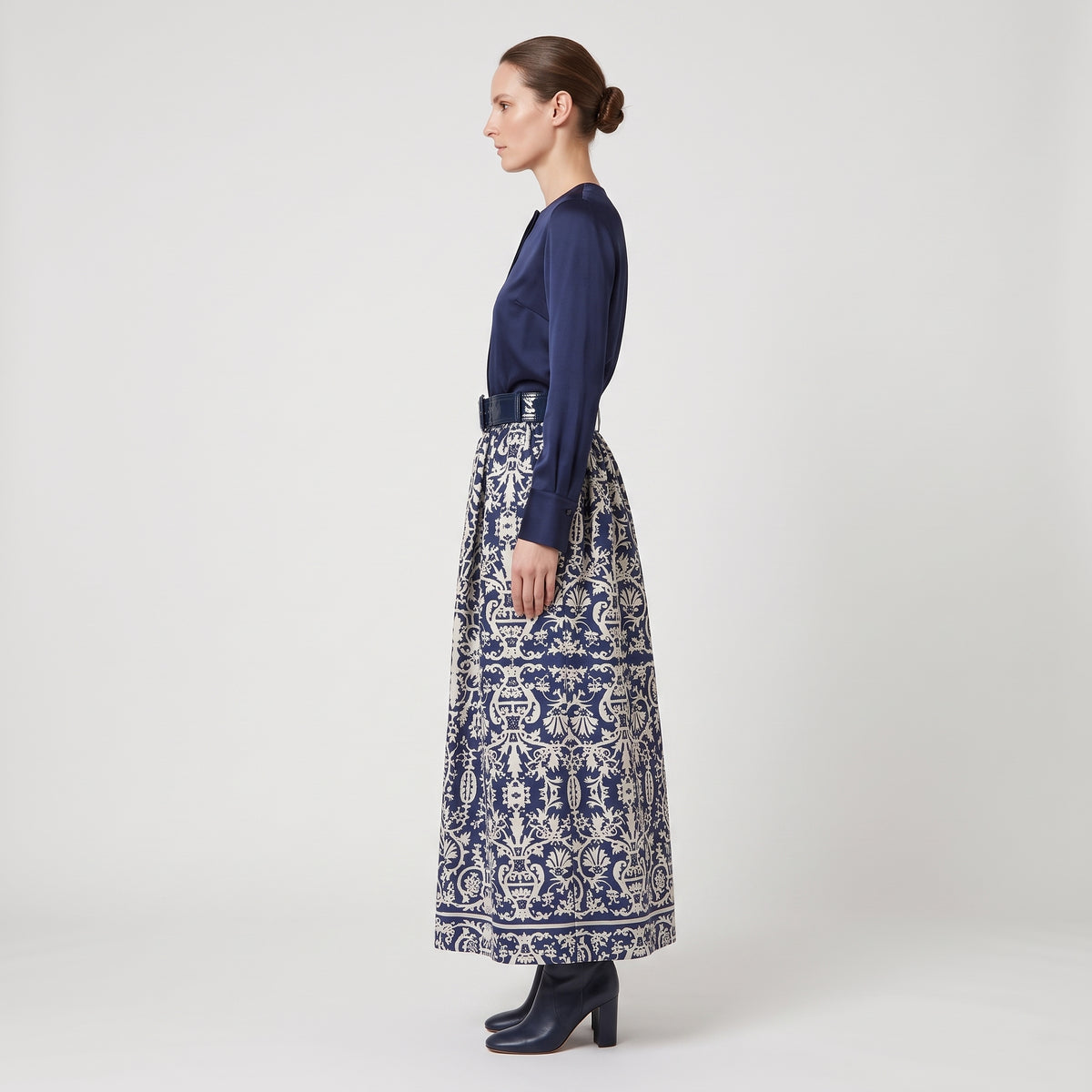 Damask Print Pleated Midi Skirt