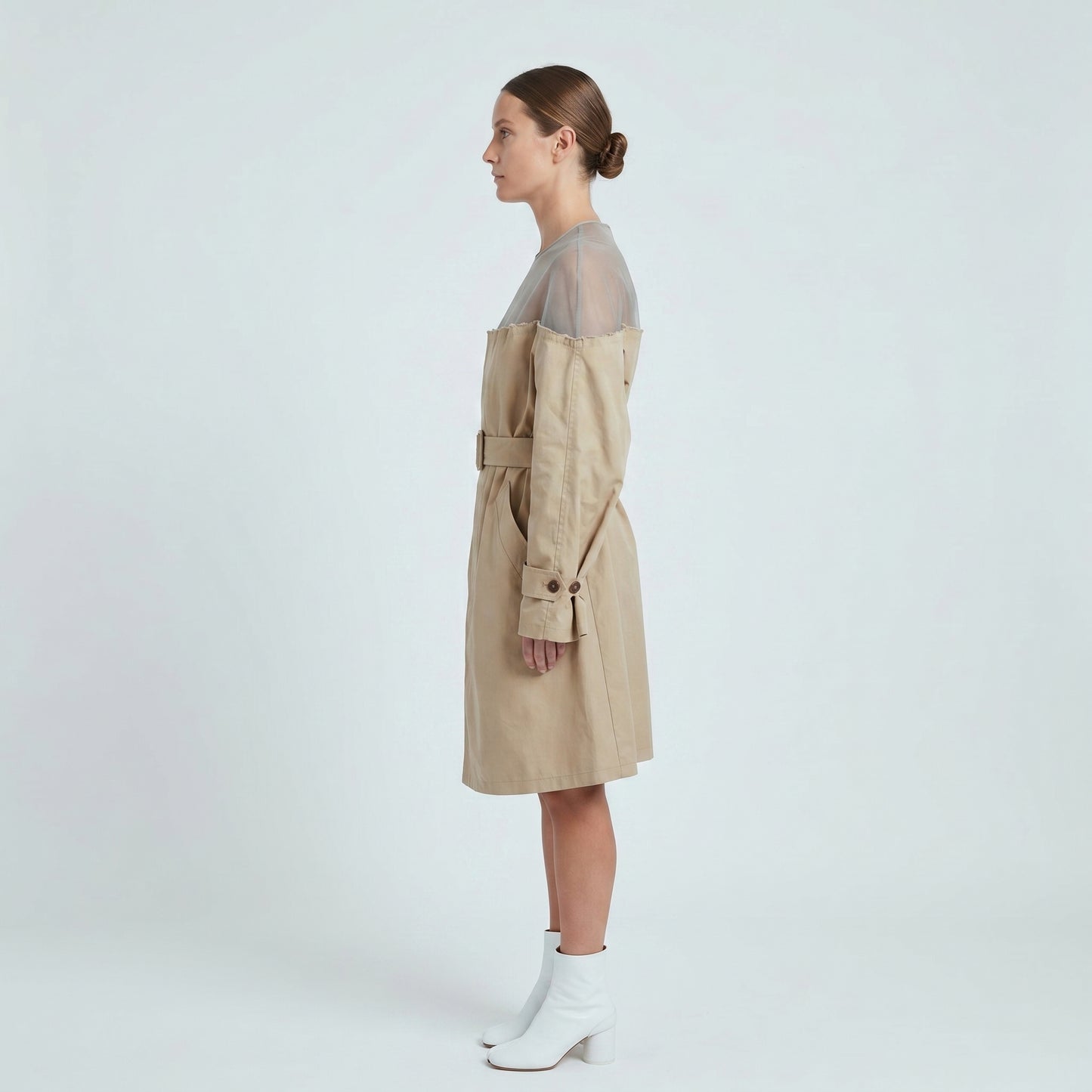Sheer Yoke Belted Trench Coat