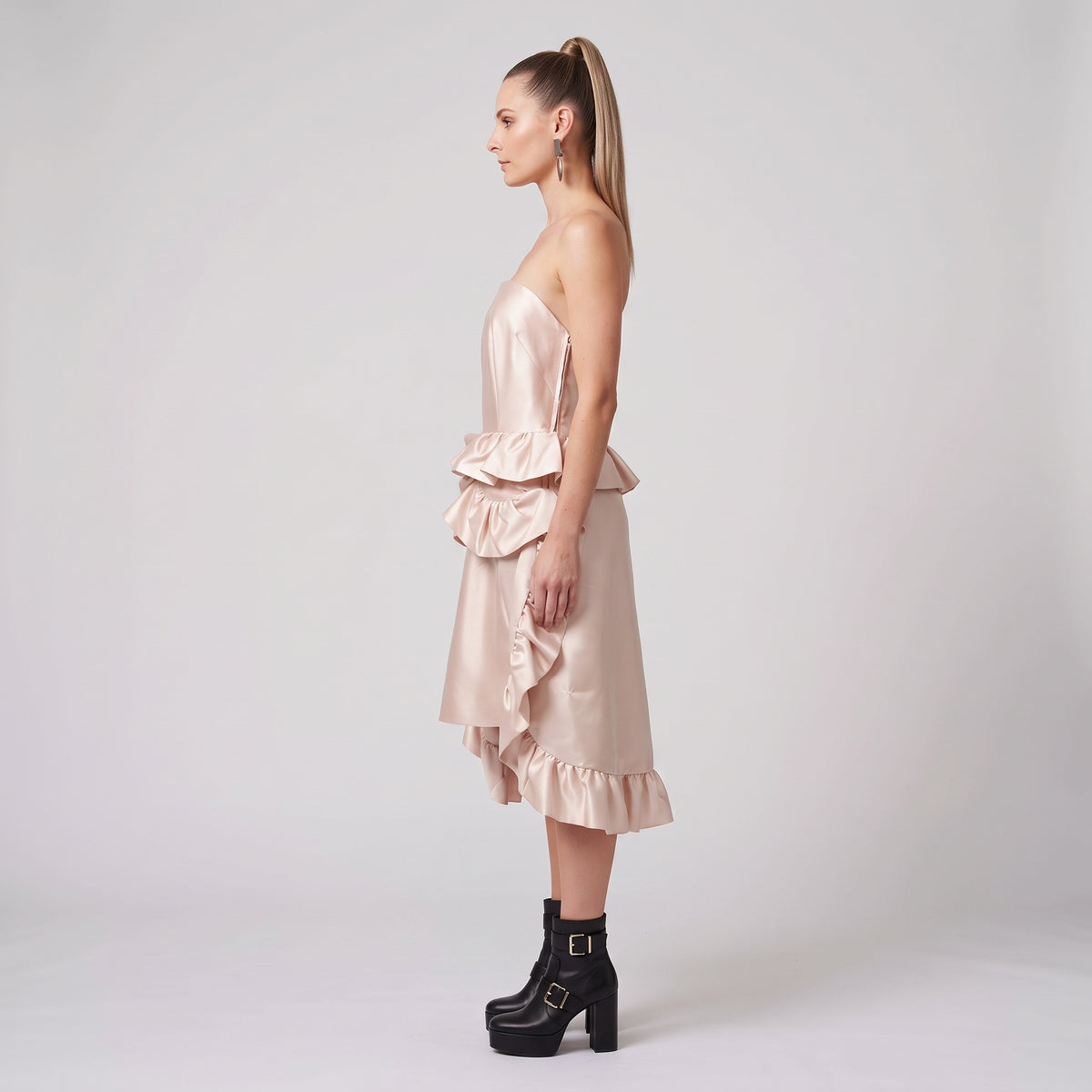 Strapless Blush Ruffled Mini Dress