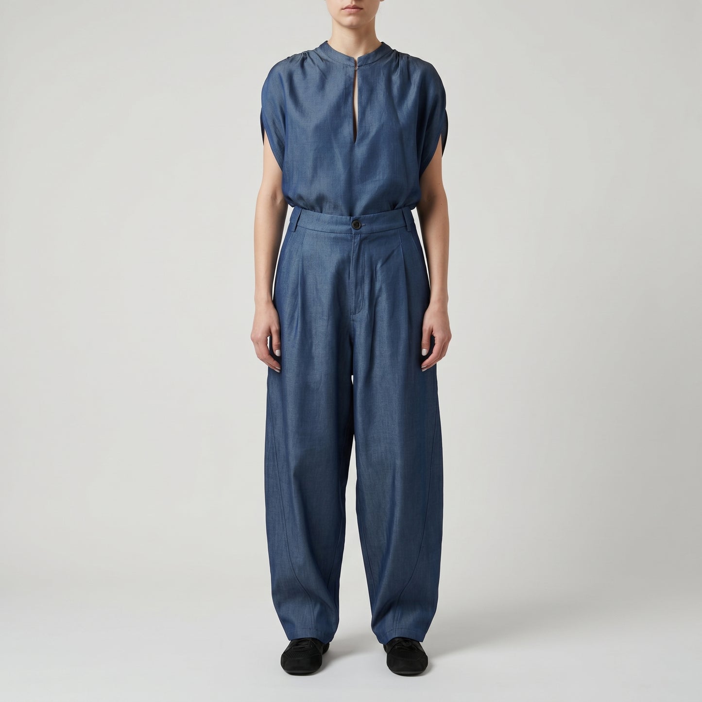 Pleated High-Waisted Denim Trousers