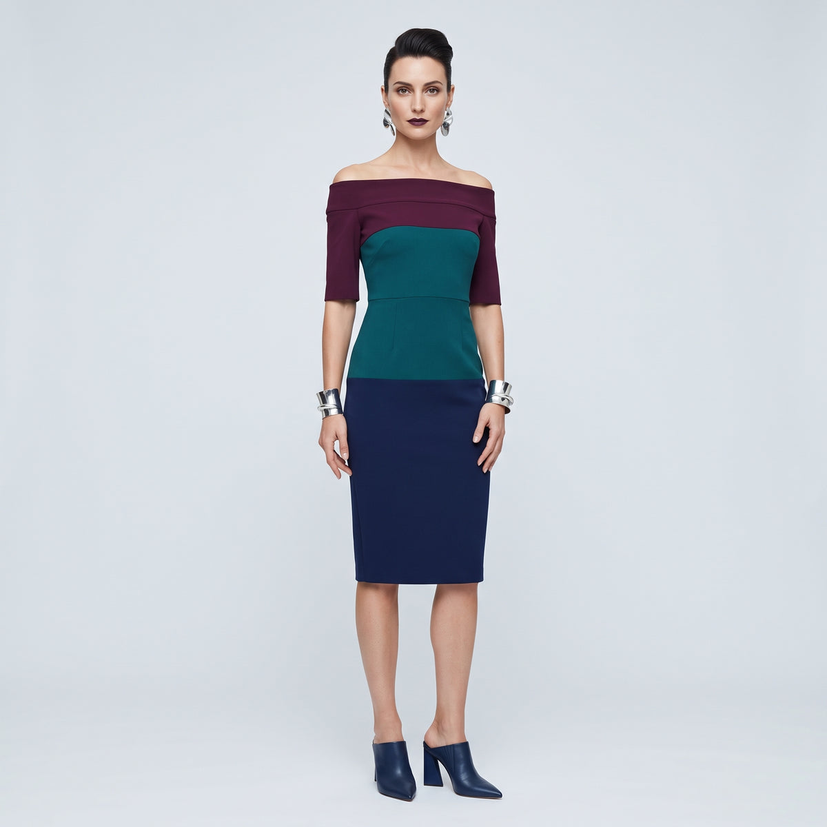 Colorblocked Off-Shoulder Midi Dress