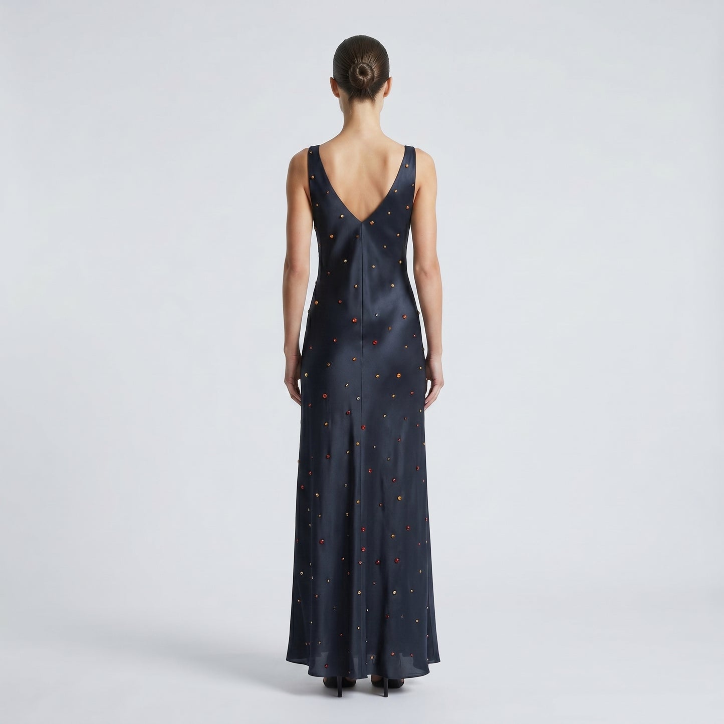 Embellished Black Satin Maxi Dress