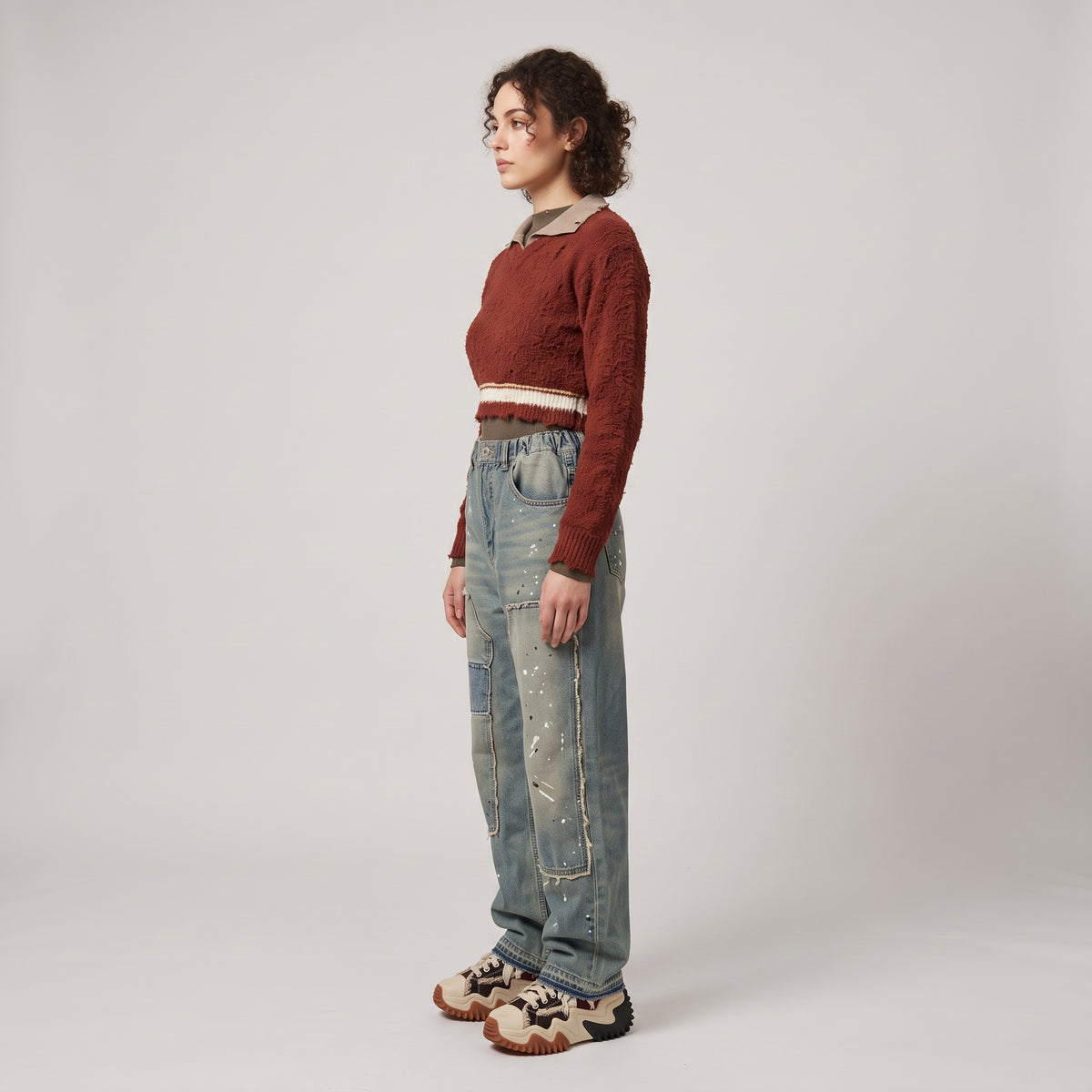 Distressed Textured Polo Sweater