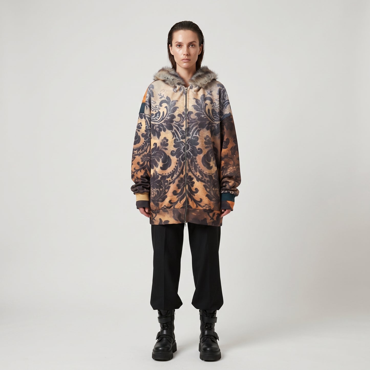 Damask Print Faux Fur Jacket