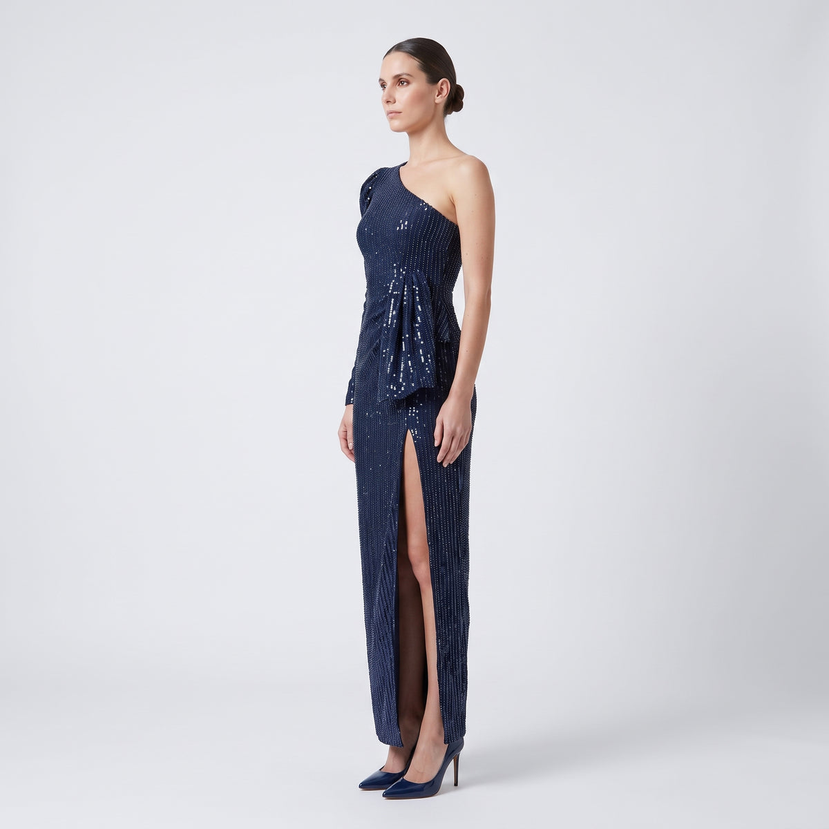 One-Shoulder Embellished Midi Dress