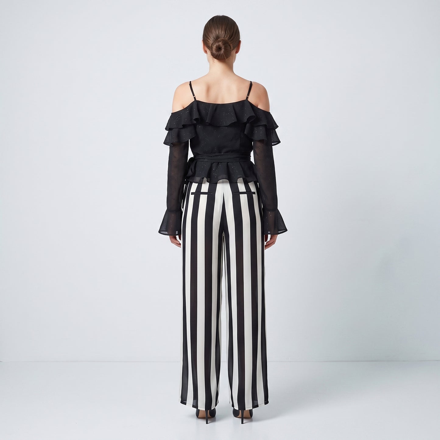 Shimmering Cold-Shoulder Ruffle Top