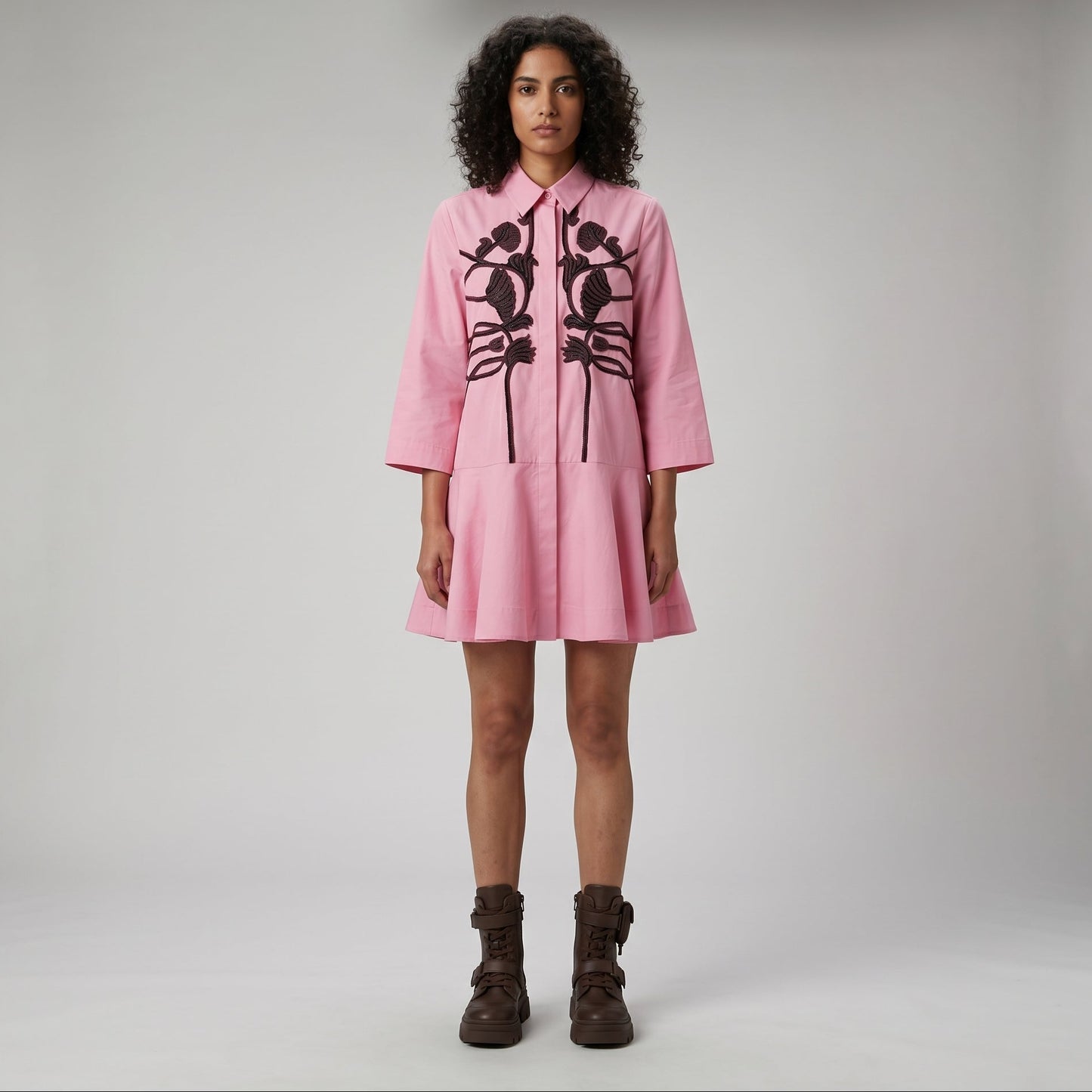 Embroidered Pink Peplum Shirt Dress