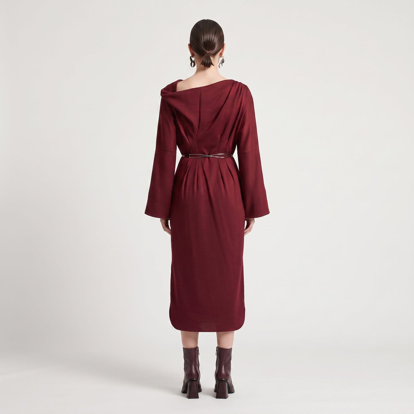 Draped Cowl Neck Burgundy Dress