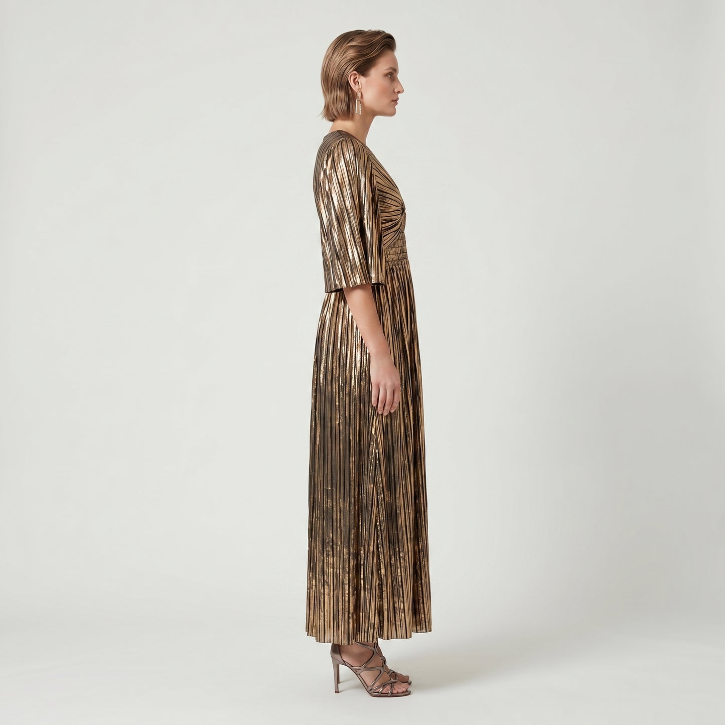 Metallic Pleated Gold Midi Dress