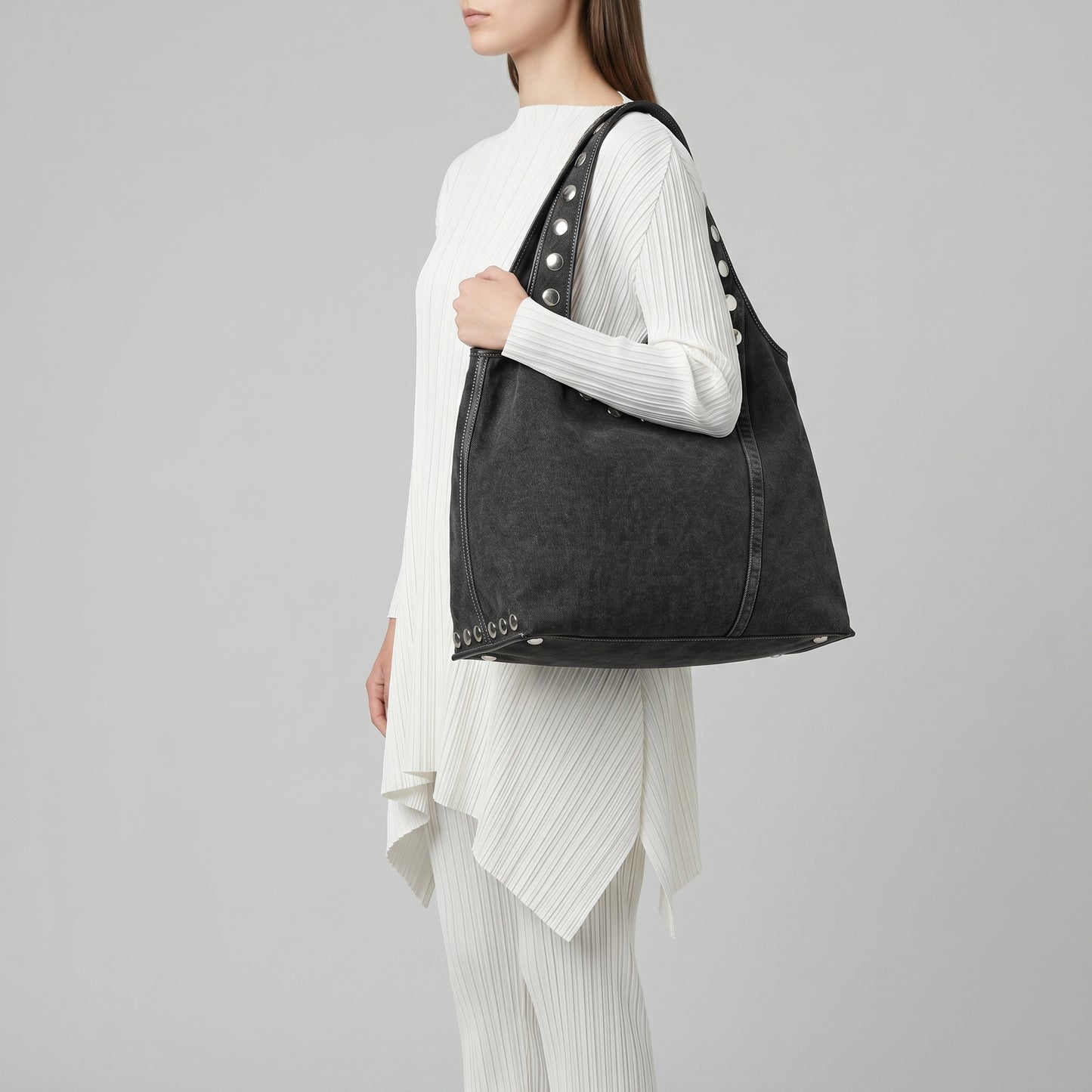 Studded Denim Shoulder Bag