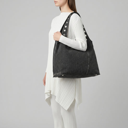 Studded Denim Shoulder Bag