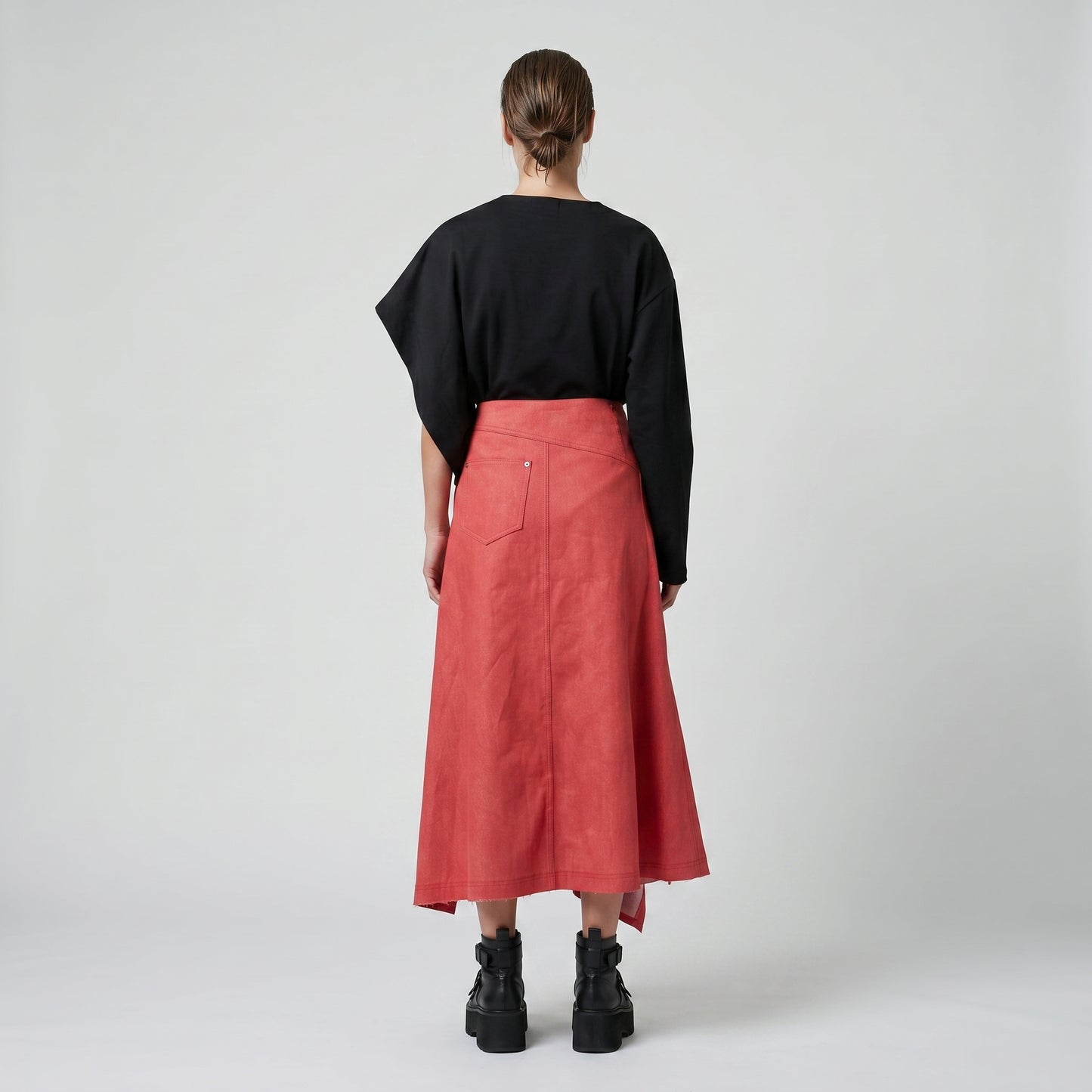 Asymmetric Red Denim Midi Skirt
