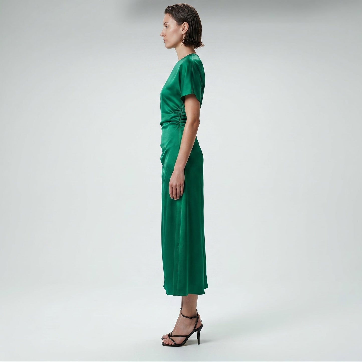 Emerald Ruched Satin Midi Dress