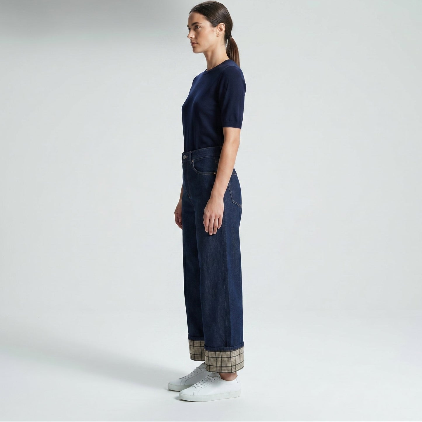 Plaid Cuff Wide Leg Jeans