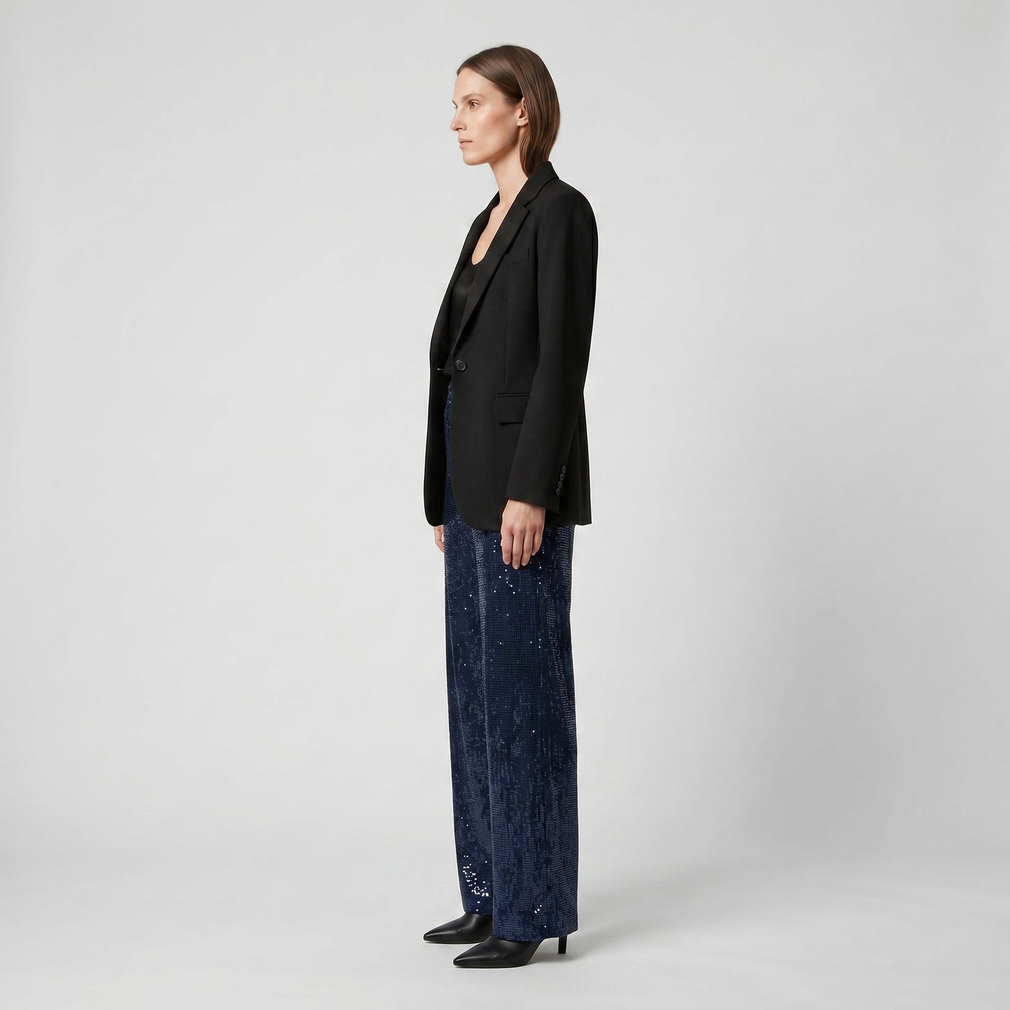 Navy Sequined Wide Leg Trousers