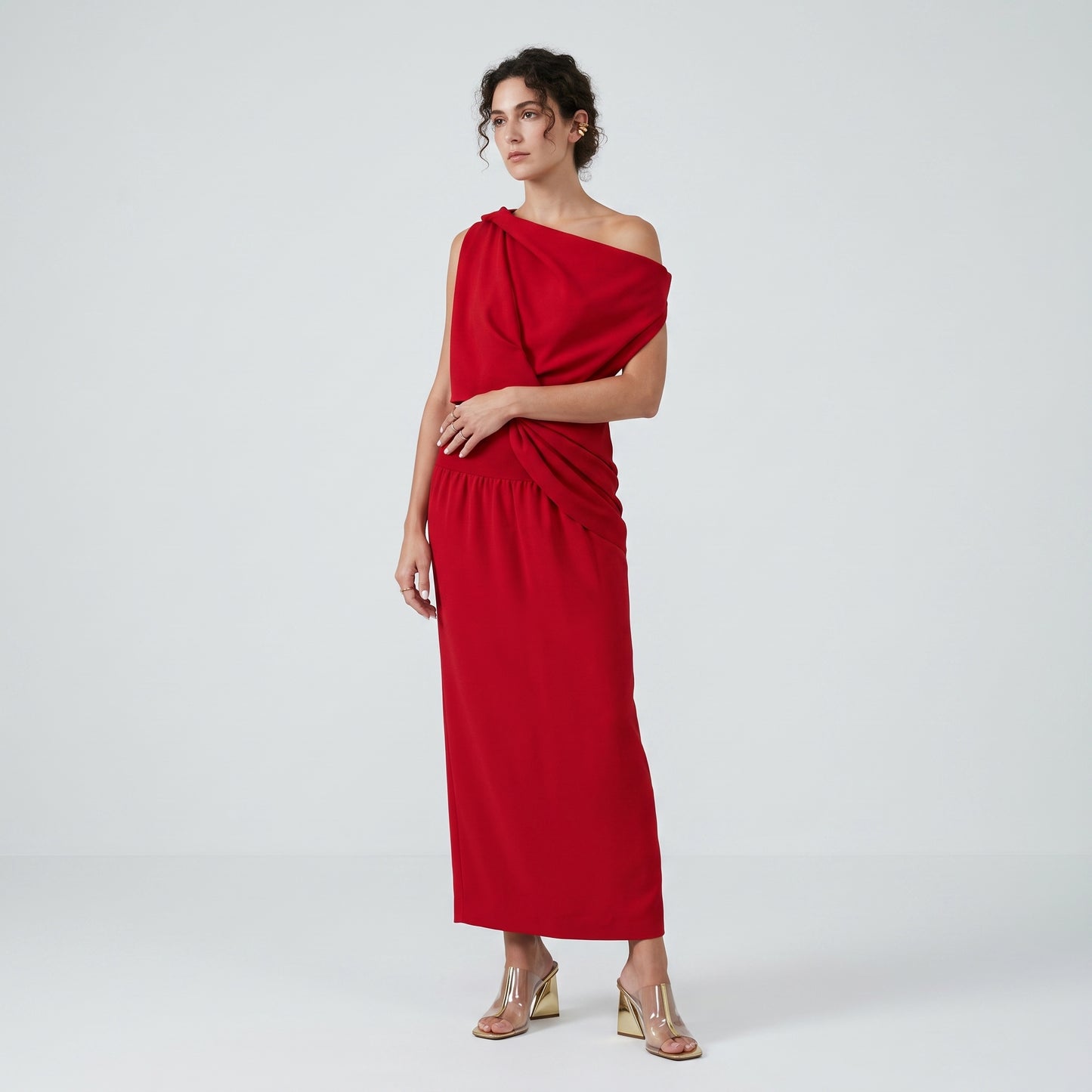 One-Shoulder Draped Midi Dress
