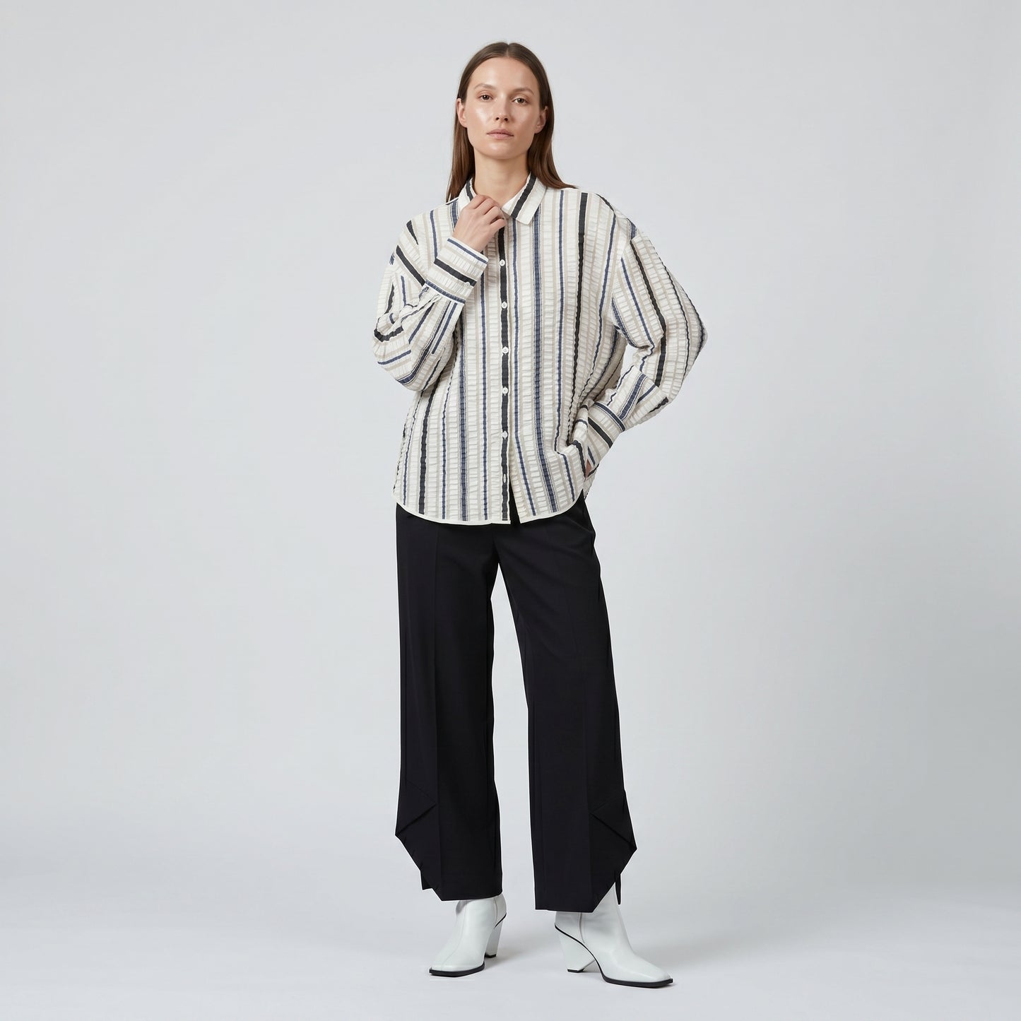 Striped Puckered Button-Down Shirt