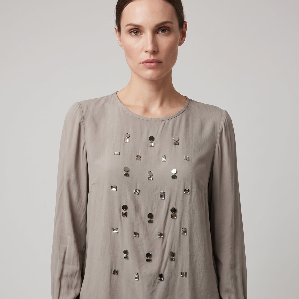 Embellished Neutral Silk Blouse