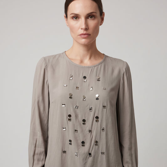 Embellished Neutral Silk Blouse
