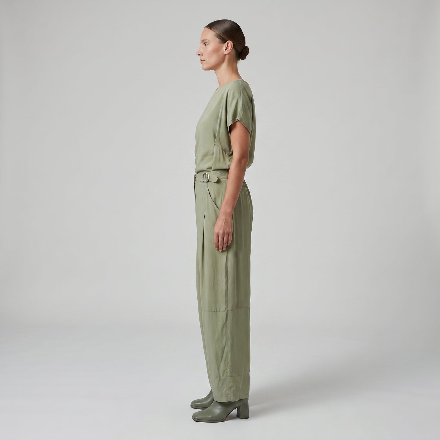 Pleated Sage Green Cropped Trousers