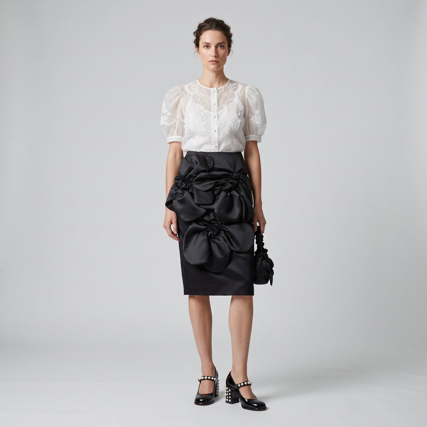 Floral Applique Black Pencil Skirt