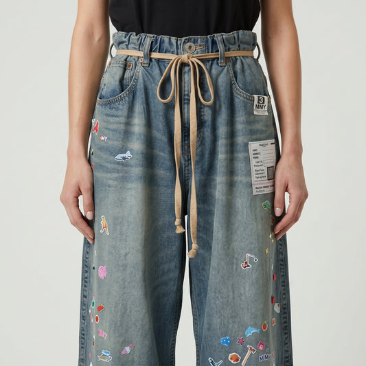 Embroidered Wide-Leg Denim Trousers
