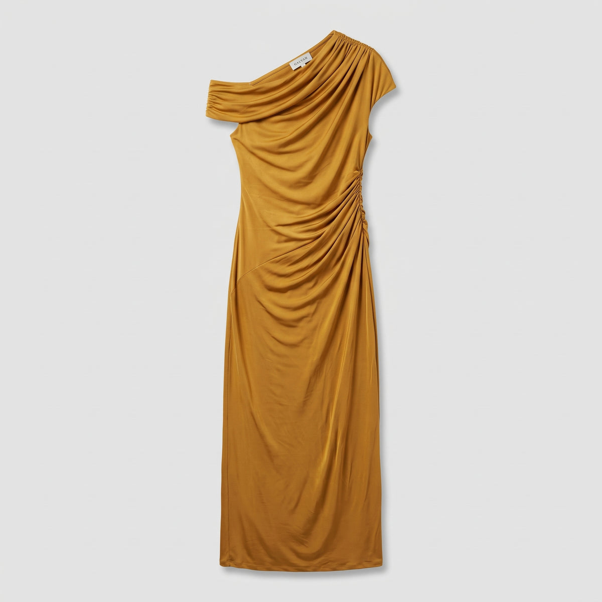 One-Shoulder Ruched Mustard Dress