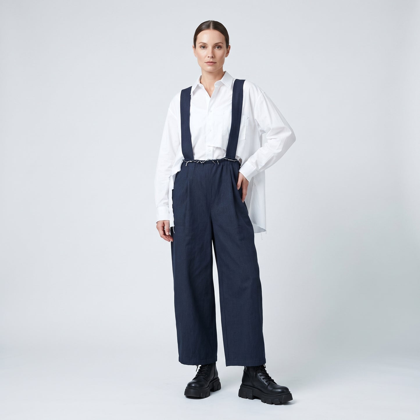 Navy Blue Cotton Suspender Trousers