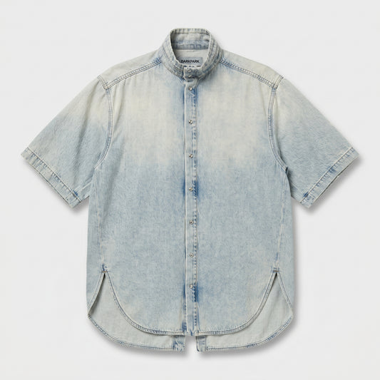 Acid Wash Denim Stand-Collar Shirt