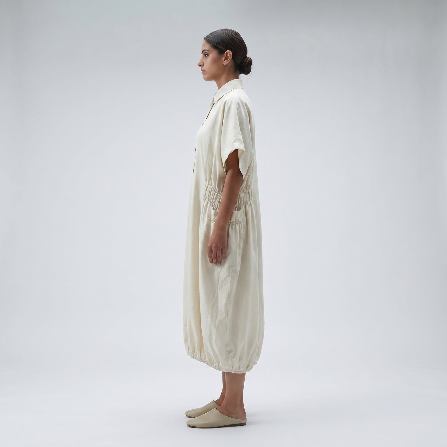 Minimalist Ruched Cotton Shirt Dress