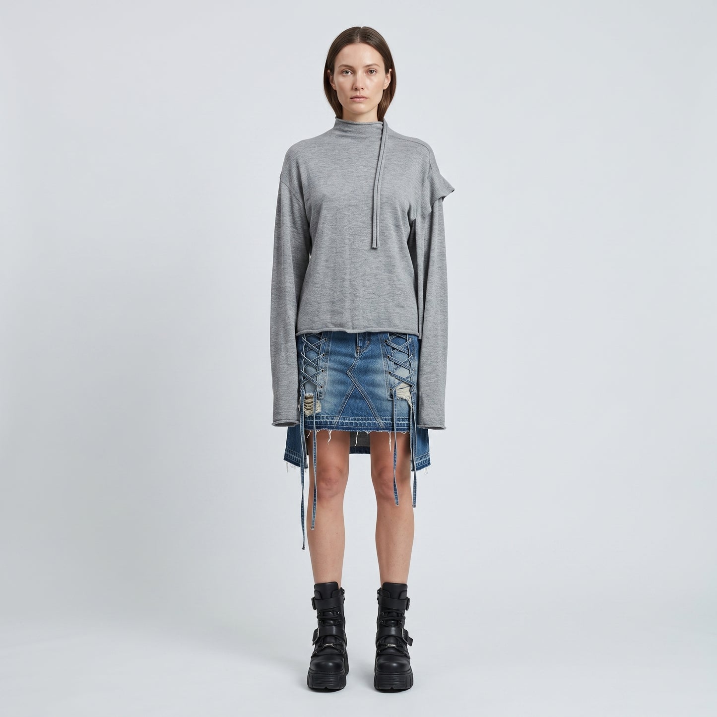 Asymmetric Grey Mock-Neck Top