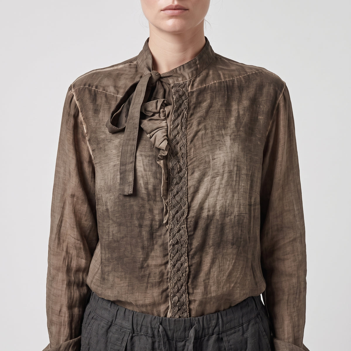 Tie-Neck Ruffled Linen Shirt