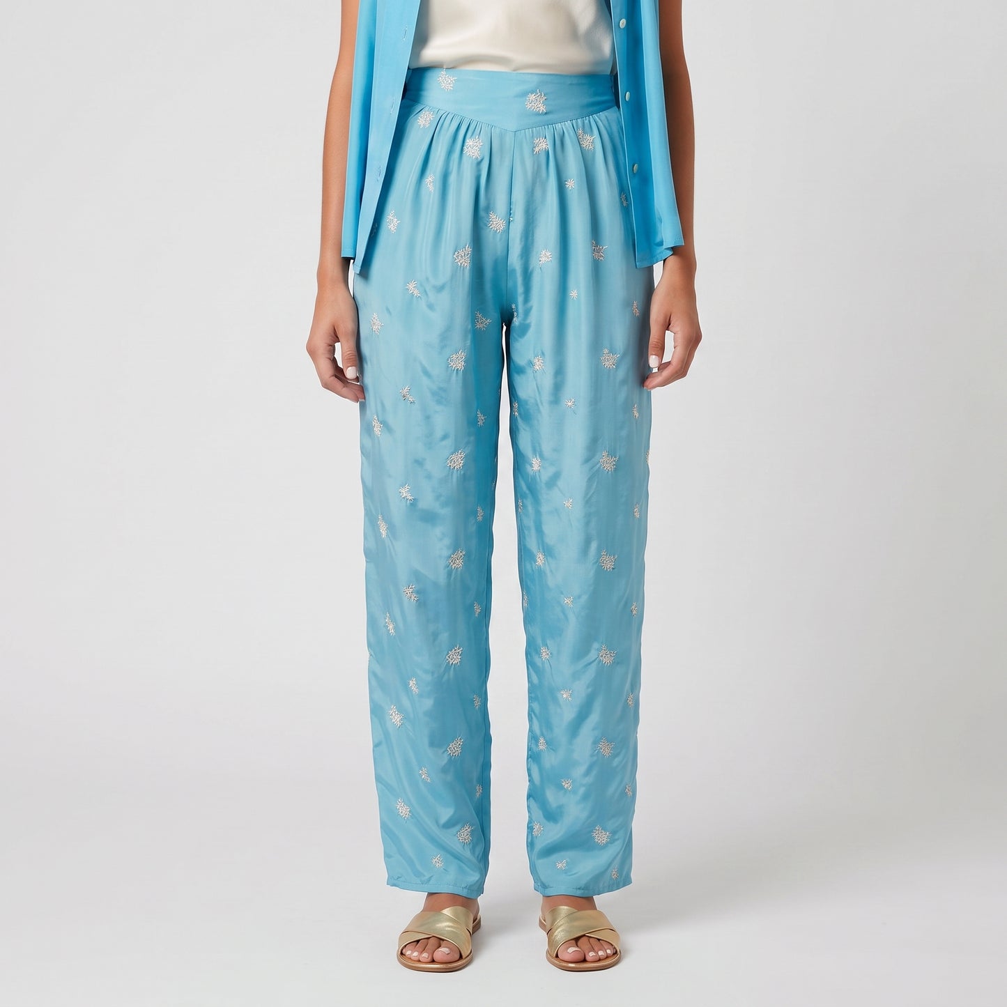 Embroidered Silk Wide-Leg Trousers