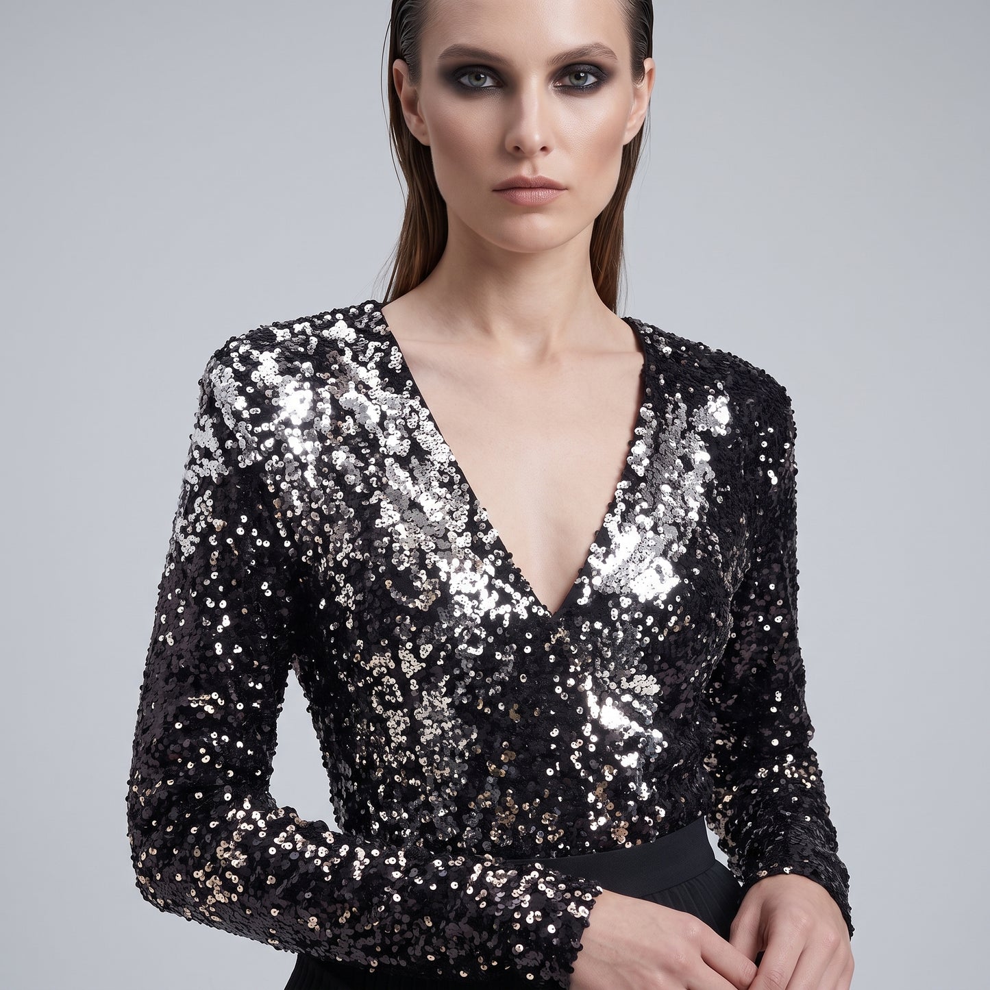 Sequin V-Neck Long Sleeve Top