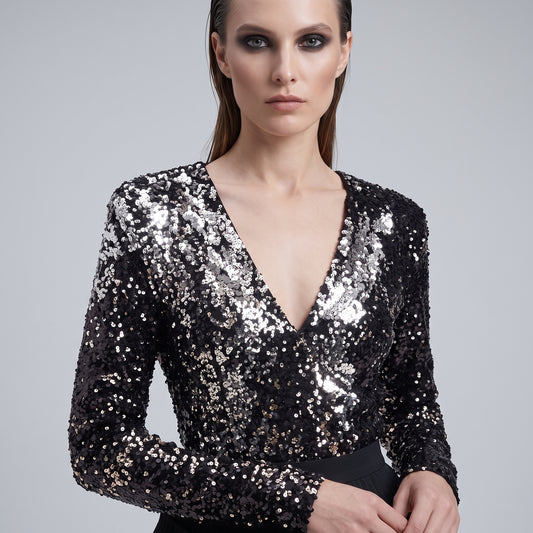 Sequin V-Neck Long Sleeve Top