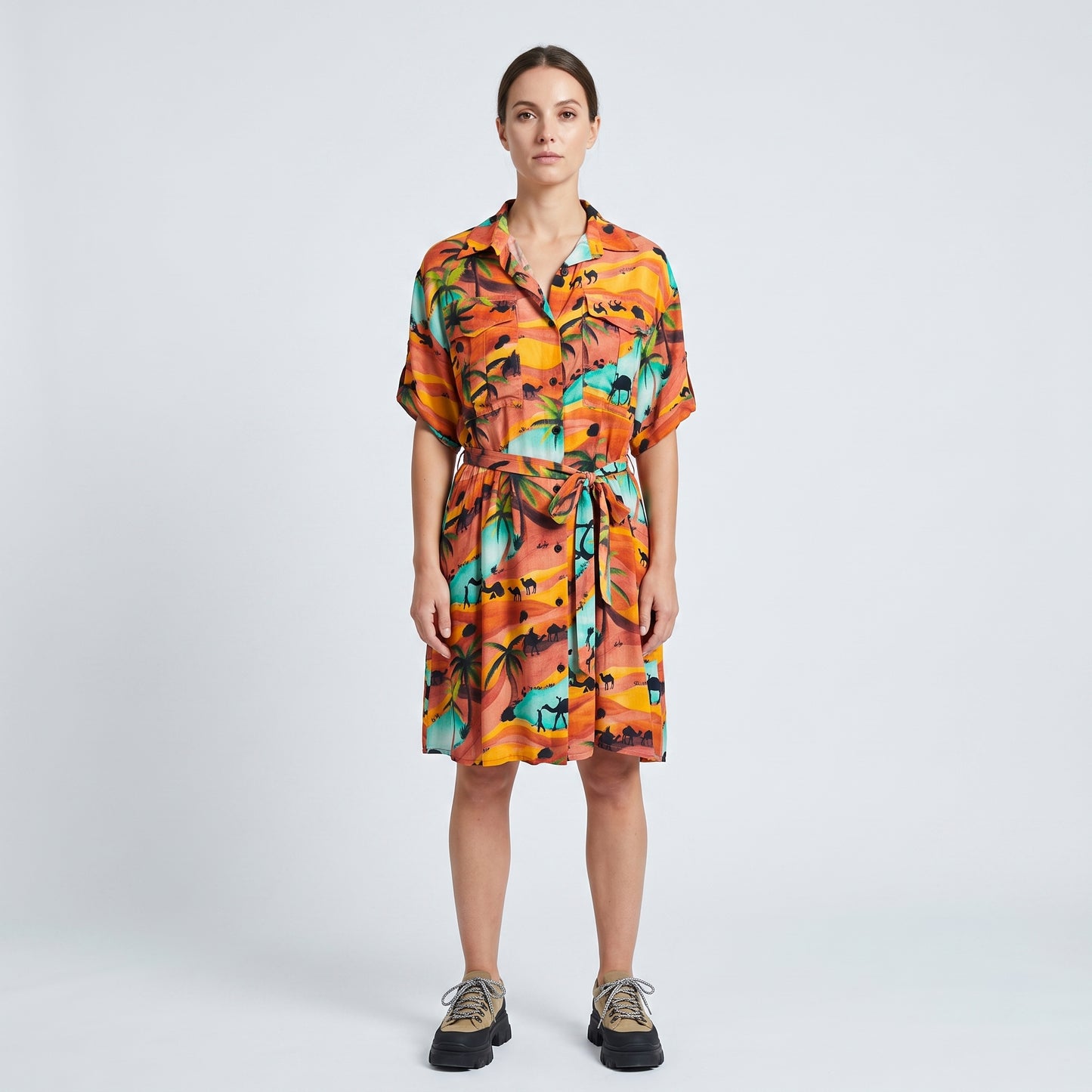 Tropical Palm Print Shirt Dress