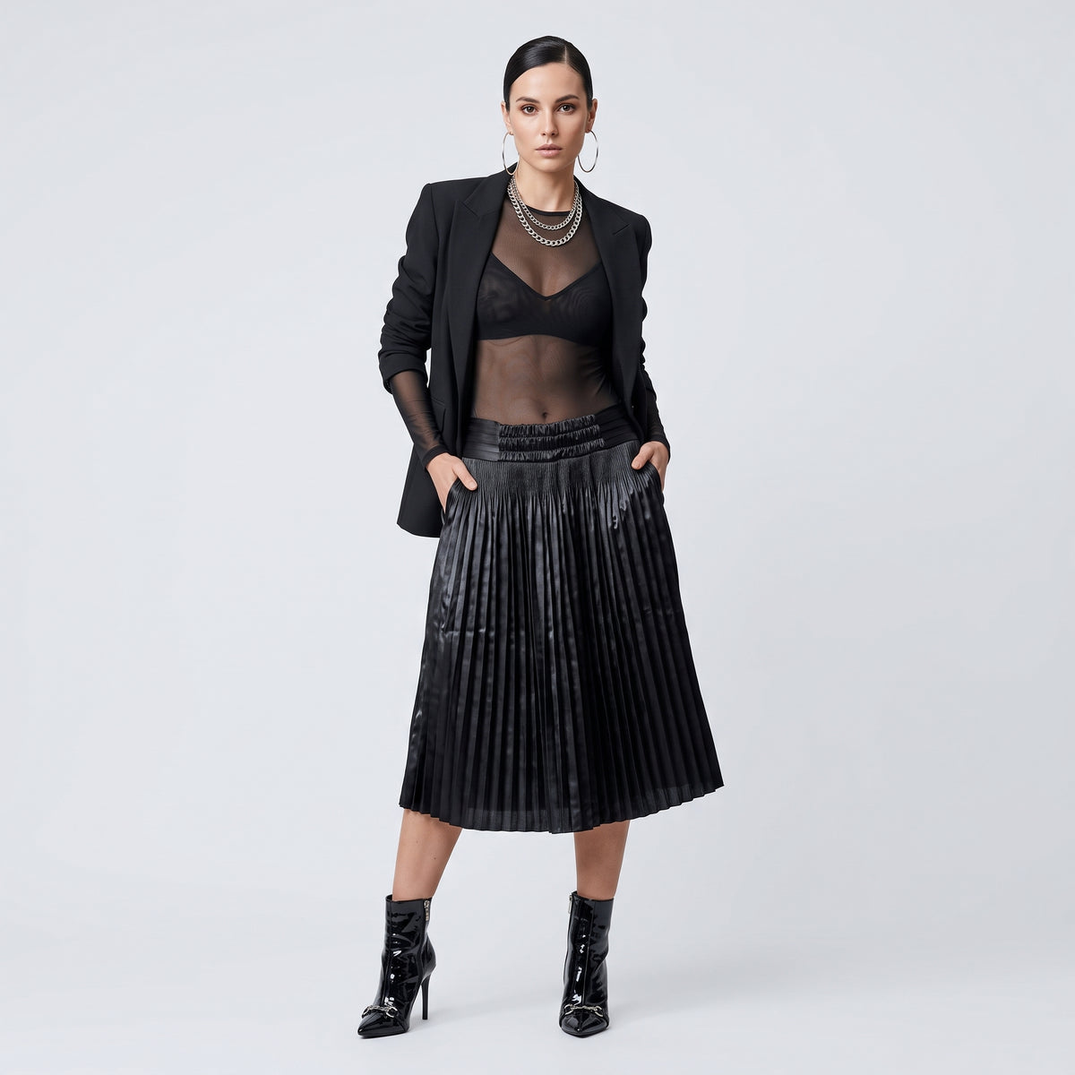 Elegant Black Pleated Midi Skirt