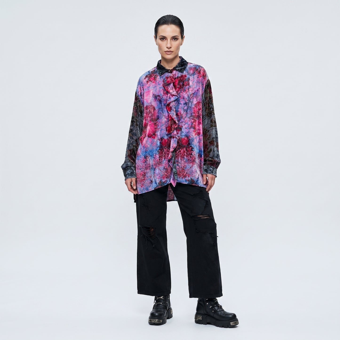 Floral Ruffle Velvet Shirt