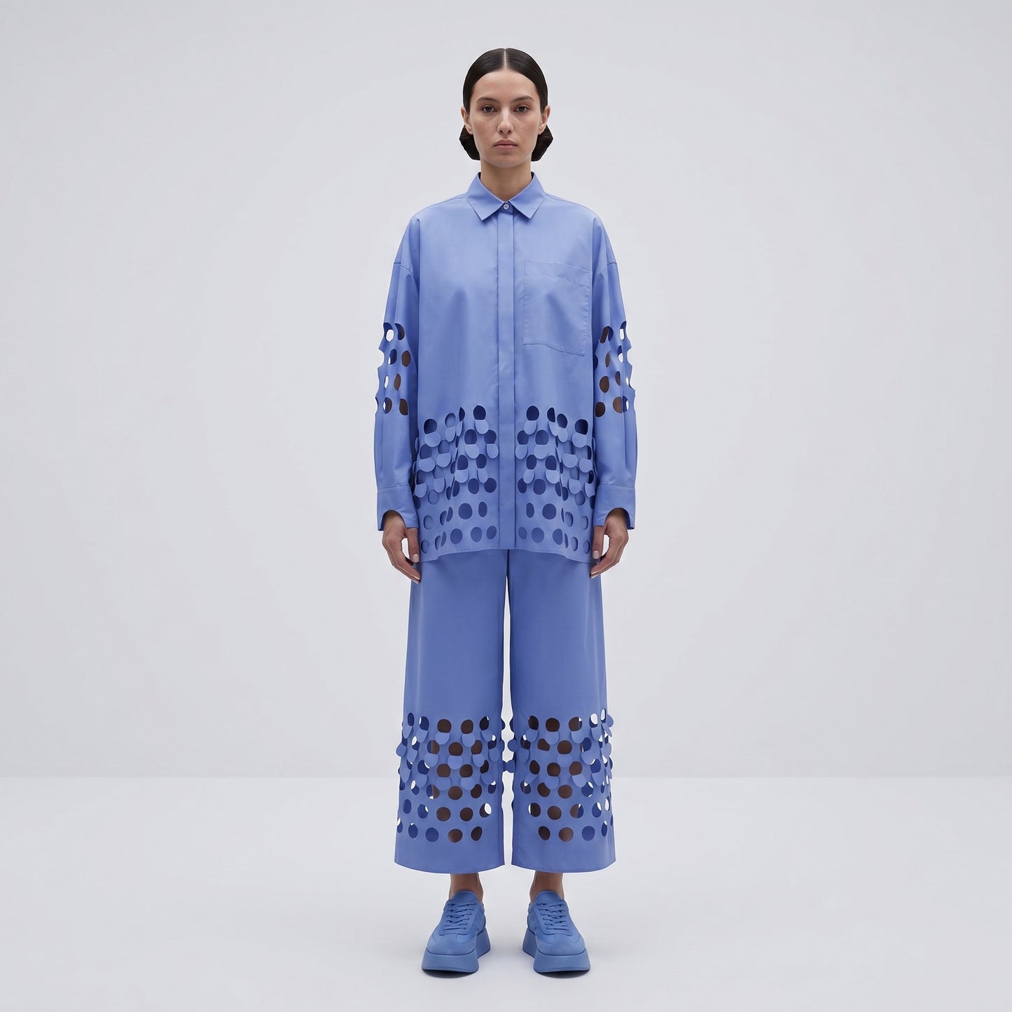Perforated Detail Wide Leg Trousers